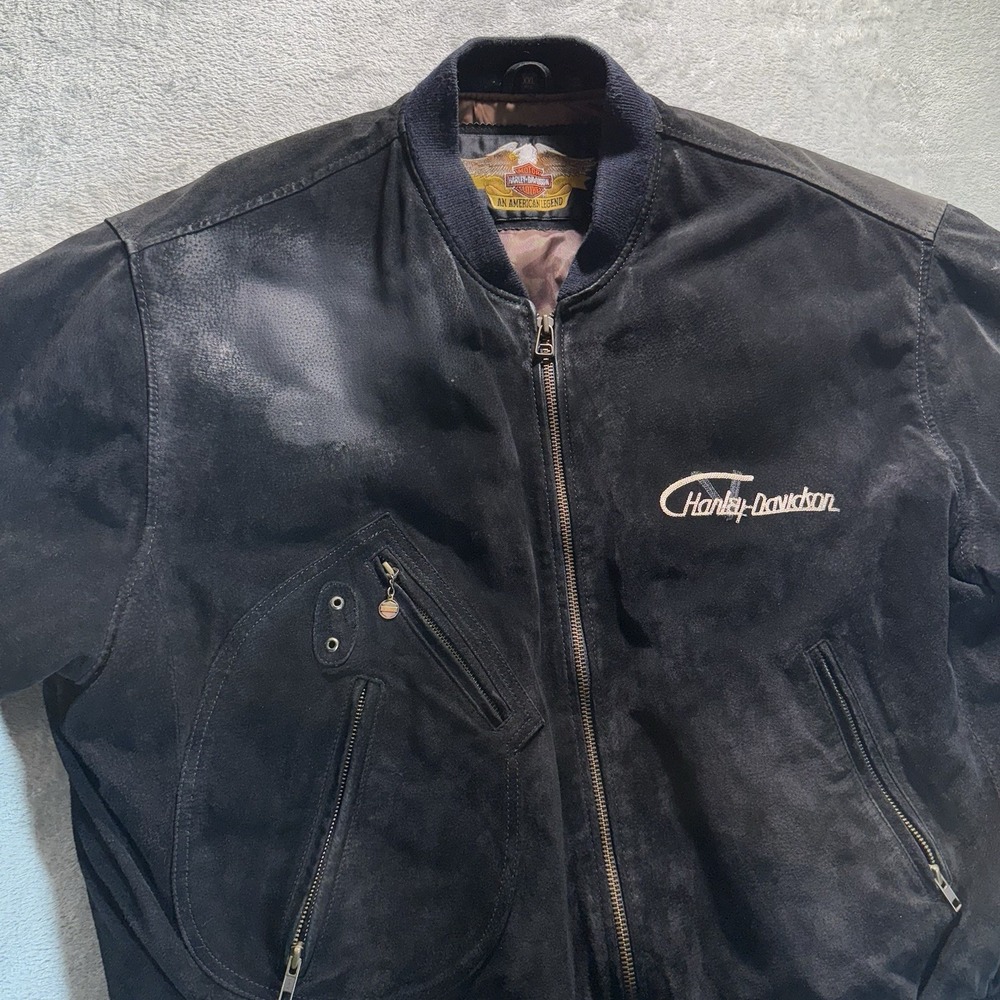 Harley-Davidson Suede Bomber Jacket V-Twin Power Patch Black XXL Vintage - Picture 3 of 16